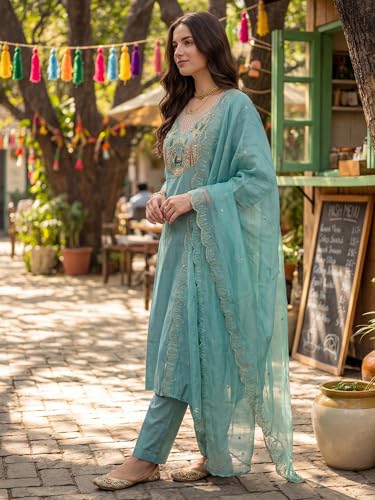 Image of INDO ERA Solid Straight Pure Cotton Kurta with Pant & Dupatta Set for Women