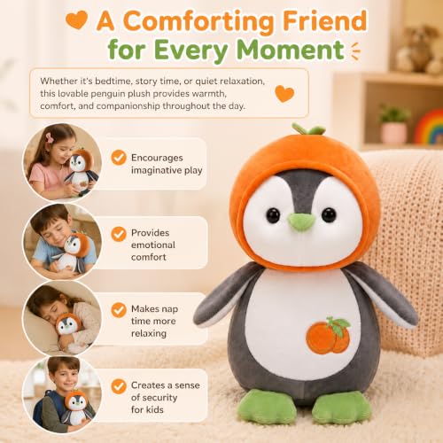 Image of Cute Penguin Plush Toy with Orange Hoodie | 28cm Soft Velvet Stuffed Animal for Kids | Premium Washable Penguin Teddy Bear, Huggable Plushie Birthday Gift for Toddlers, Boys & Girls