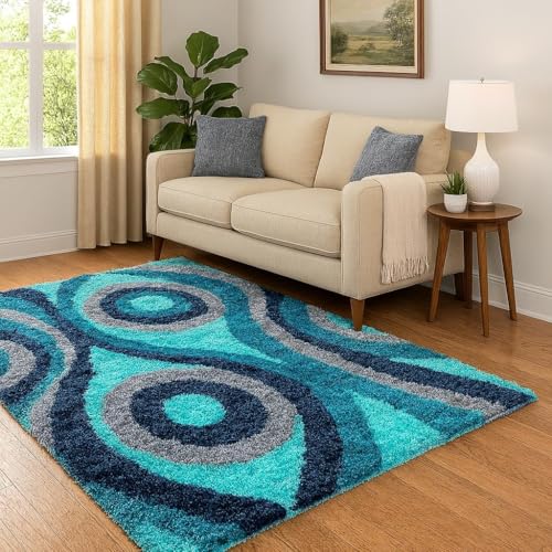 LA Rug Linens Abstract Area Rug Modern Wavy Circles Design Large Shag Carpet Soft Pile Floor Mat, Turquoise Blue Gray, 8x10 ft
