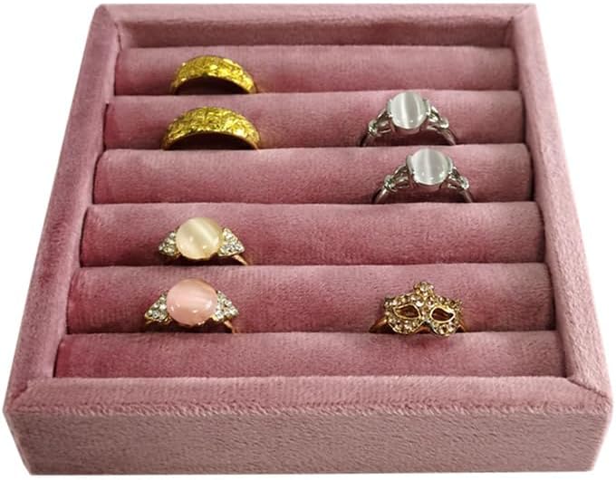 SCIKHETF Velvet 5 Slots Ring Earrings Trays Small Showcase Display Travel Ring Holder & Organizer (Pink)