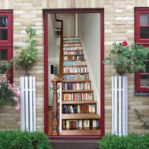 Adhesivos Para Puertas Interiores Navidad 3D Librero De Escalera De Madera 77 X 200 Cm Murales De Puerta 3D, Vinilo Autoadhesivo Para Puerta, Para Guardería, Niños, Niñas, Dormitorios Y Sala D 0