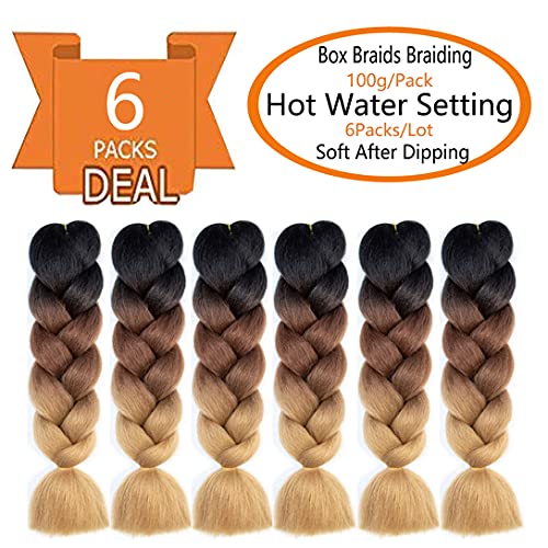 Shuohan 6 Packs Ombre Jumbo Braiding Hair Extensions 24 Inch High Temperature Synthetic Fiber Hair Extensions For Box Braids Braiding Hair (Black To Brown To Light Brown) #TOP1