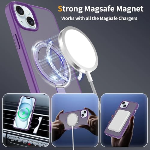 Image of Magnetic for iPhone 15 Plus Case & iPhone 14 Plus Case, 6.7 inch, Compatible with MagSafe, Rugged Kickstand, Not-Yellowing Military-Grade Protection, Matte Purple