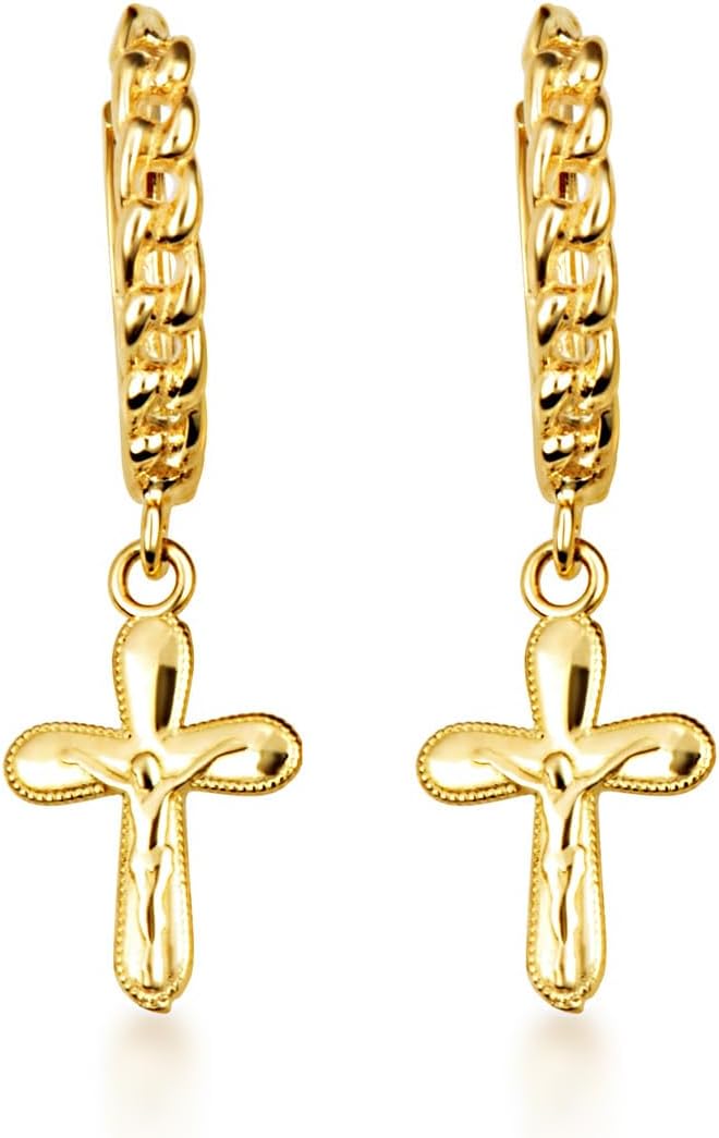 10K or 14K Yellow Gold Jesus Christ Crucifix Cross Milgrain Cuban Link Drop Huggie Hoop Earrings for Women Girls - Choice of Metal