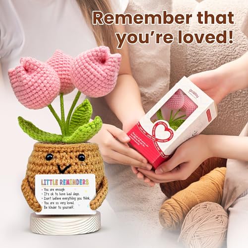 Image of Gossby Handmade Positive Tulip Flower Crochet - Little Reminder You are Enough - Inspirational Gift for Women - Positive Energy, Apreciation, Farewell, Retirement, Goodbye Gift for Coworker