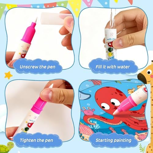 4Pcs Mess Free Water Painting Book, Reusable Coloring Book with Pens, Water Reveal Paintless Activity Book, No Mess Aqua Art Magic Drawing Kit, Montessori Sensory — view 2