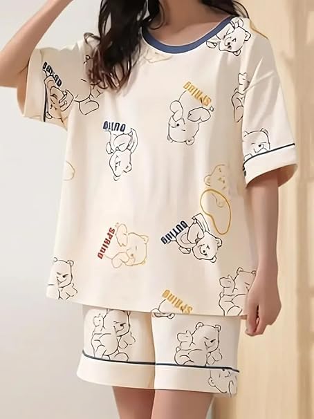 Musi Fab Cute Bear Print Night Suit for Women – Stylish Comfortable Pajama Set Daily Use Top & Bottom