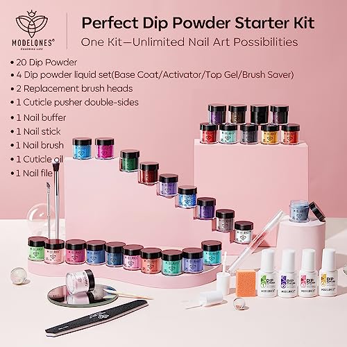 Modelones Dip Powder Nail Kit Starter, 30 Colors Trendy Popular Acrylic Dipping Powder Set with Top/Base Coat Activator for French Art Manicure Salon DIY