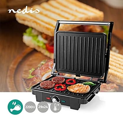Nedis - Kontakt Grill - Automatischer Temperaturkontrolle - Höhenverstellbares Scharniersystem - Tischgrill-Funktion - Cool-Touch-Griff - Abtropfschale - 29 x 23 cm - Edelstahl/Kunststoff – Bild 3