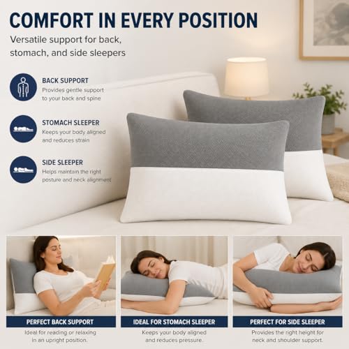 Image of Standard Sleeping Pillow Set of 2 with Adjustable Height | 27 x 16 Inch | Fluffy & Soft Siliconized Hollow Polyester Fiber, Jacquard Cover with Zip Closure - White & GreySet of 2