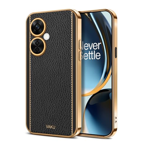 Image of Vaku Luxos Luxemberg Back Cover for OnePlus Nord CE 3 Lite 5G with Leather Pattern Gold Electroplated Soft TPU Cover Shockproof Protective Case- Black