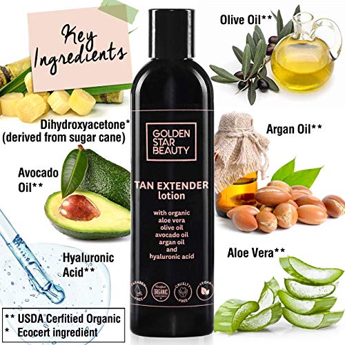 GOLDEN STAR BEAUTY Tan Extender Daily Moisturizer - Best After Tanning Lotion w/Organic Oils and Hyaluronic Acid to Extend Your Tan from Sunless Tanner, Spray Tan, Sun or Tanning Bed 8.0 fl.oz.- Booklet included