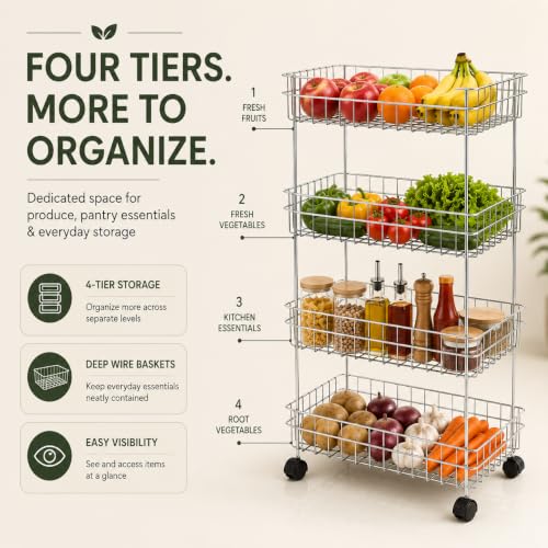 Image of TUNIS 4 Tier Stainless Steel Wire Storage Basket Trolley |Fruit & Vegetable Trolley with 360 Moving Wheels| Rack for Kitchen, Fruits, Vegetables & Grocery Storage, Movable Organizer Cart