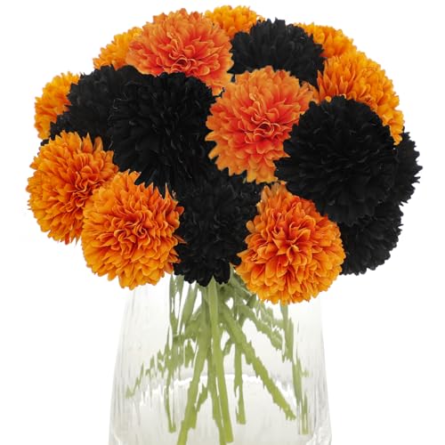 Kimuras Cabin 20Pcs Faux Mums Flowers Fake Chrysanthemum Artificial Silk Ball Flowers for Halloween Garden Home Kitchen Table DIY Decoration Center Fall Bouquets (Orange Black)