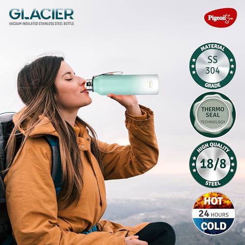 Image of Pigeon by Stovekraft Glacier 1000 ml Vacuum Wide Mouth Bottle, Hot & Cold Retention & Leak Proof (Teal Blue)