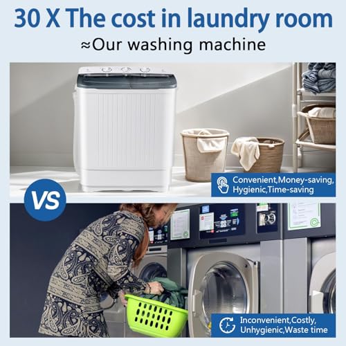Image of DOGHLY Portable Washing Machine, 32lbs Twin Tub (20+12lbs Washer /Spinner) with 10 Hangers and Drying Rack, for Powerful Stain Removal, Semi-Automatic Compact Washer for Dorms, Apartments, RVs(Black)