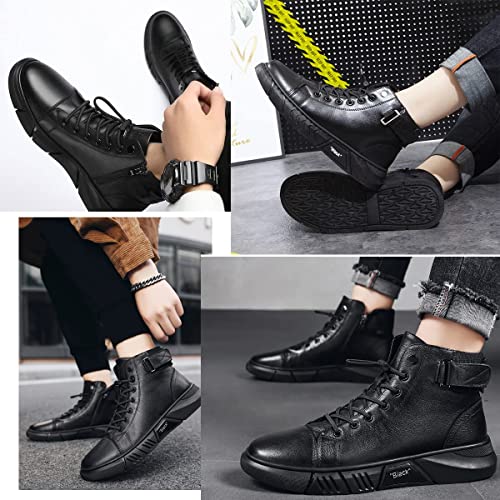 Devilangel Men's Italian High-Top Martin Cashmere Leather Boots,Classic Stylish Side Zipper Lace-Up Chukka Boots Casual Shoe Waterproof (Black,8,8) #TOP5