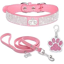 Collar De Lujo HALFSUMO Collar Perro de Terciopelo Suave Perros Correa y Collar Lindo Lujo Diamantes tachonados Bling Ajustable Collar de Cachorro para Perros pequeños Gatos medianos Rosa XS