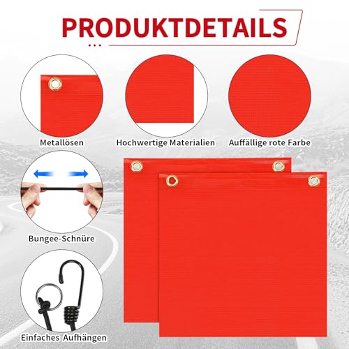 Rote Warnflagge 30x30cm Rote Fahne überlänge Wetterfest Warnfahne Warnflaggen mit Gummiseil Kupferschnallen Flagge für Auto Wohnwagen Anhänger Fahrradträger,2 St Rot Fahne für Transport