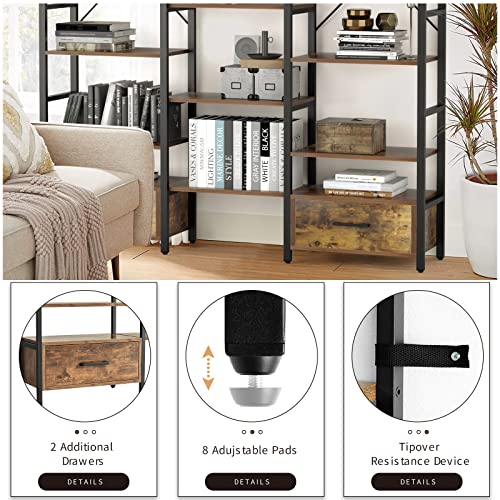 Oneinmil Triple Wide 5-Tier Bookshelf With 2 Drawers, Rustic Etagere Book Shelves Display Shelf For Home Office, Industrial Style Wood And Metal Bookshelf In Living Room, Study, Bedroom (Brown) #TOP2