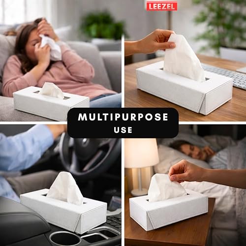Image of LEEZEL| Tissue Box Holder with 100 Pulls Cotton Rags Tissue | Handcrafted Fine Leather - Like Finish | for Gifting, Office Desks, Cars & Home Decor | Durable & Water Resistant. (White)