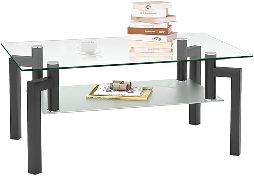 Mesa auxiliar para sala de estar, moderna mesa rectangular con estante de almacenamiento, mesa de centro de cristal de 2 niveles con patas de metal