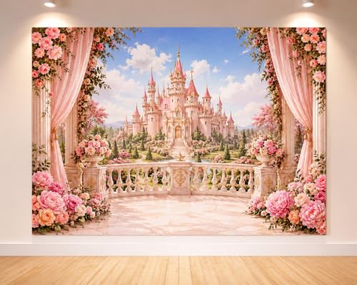Princess Castle Backdrop Pink Fairy Tale Birthday Party Decorations 7x5FT