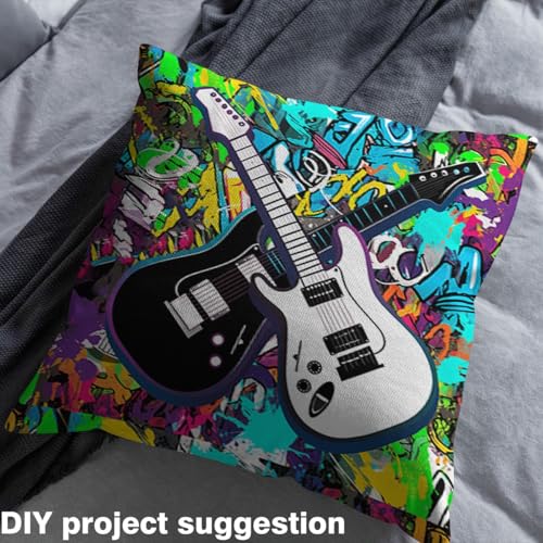 Erosebridal Music Fabric by The Yard for Chairs,Rock Musical Instrument Bassist Waterproof Fabric for Lovers,Colorful Graffiti Decor for Upholstery and Home Accents,10 Yards,Black White Teal Purple - Thumbnail 4