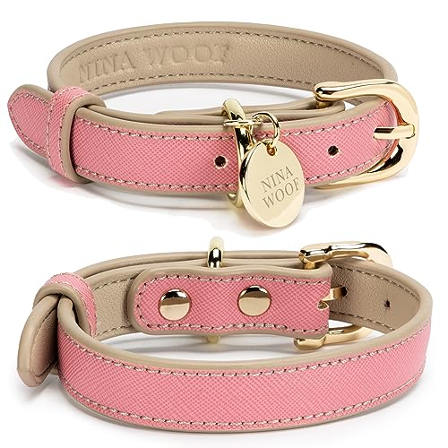 Rio Vegan Leather Dog Collar - Classy Pink Collar for Large Medium & Small Dogs - Comfortable with Golden Buckle (S 34cm - 40cm)