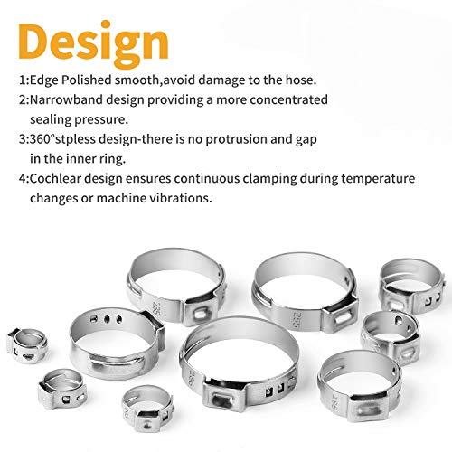 Vigrue 100Pcs 6-28.6Mm Single Ear Hose Clamps 10 Sizes With Ear Clamp Pincer 304 Stainless Steel Stepless Hose Clamps For Securing Pipe Hoses And Automotive Use #TOP2