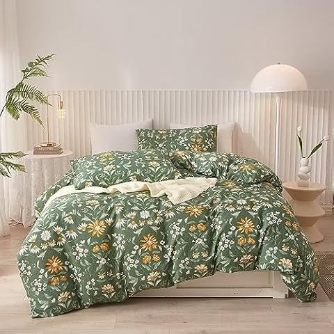 Ruccit Green Floral Duvet Cover Set King 100% Cotton Duvet Cover King Size Bed 3pcs Garden Yellow White Flowers Bedding Set Cover