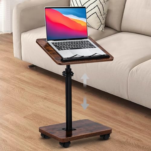 Meecoo Spring Sofa Armrest Tray Table for Couch with Wheels and Book Clips, 360° Swive & Adjustable Height & 180° Flip-Over Panel Design for Livingroom, Bedroom, Bed, Snack
