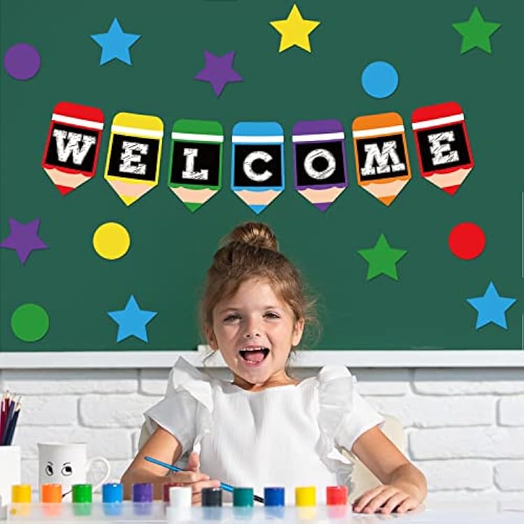 Whaline 57 Pieces Welcome Bulletin Board Set Colorful Pencil Design Welcome Back Banner Star Dots Shape Cutouts Classroom Decorations for Back to School Bulletin Boards Classroom Teacher Supply