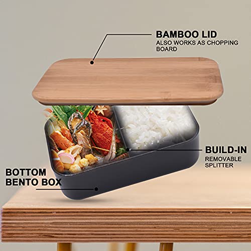 Faivica 1000Ml Bento Box, Lunch Containers,Japanese Lunch/Food Boxes, For Adults, Men&Women,With Divider,With Nylon Sealing Strap Embed Cutlery,Chopstick,Bpa Free,Bamboo Lid,Microwave Safe (Black) #TOP4