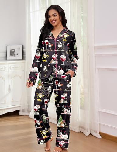 Image of SHESHOW Satin Pajamas Set for Women Set Long Sleeve Button Down Pjs Sets 2 Piece Loungewear Animal Sleepwear XS-XXL