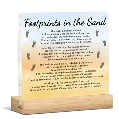 Christian Religious Gifts for Women Men Friends, Footprints in the Sand Clear Acrylic Desk Decorative Sign Motivational Home Office Desk Decor