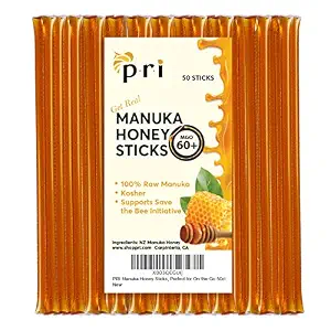 P.R.I Manuka Honey Sticks, Certified MGO 60+, Raw New Zealand Manuka Honey, 50 Count