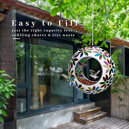 Vcuteka Bird Feeder Mosaic Fly Through Bird Feeders For Outside Hanging With Round Shape Glass Container To Attract More Wild Birds For Garden, Yard, Backyard, Deck And Porch Decor, 7-Inch #TOP1