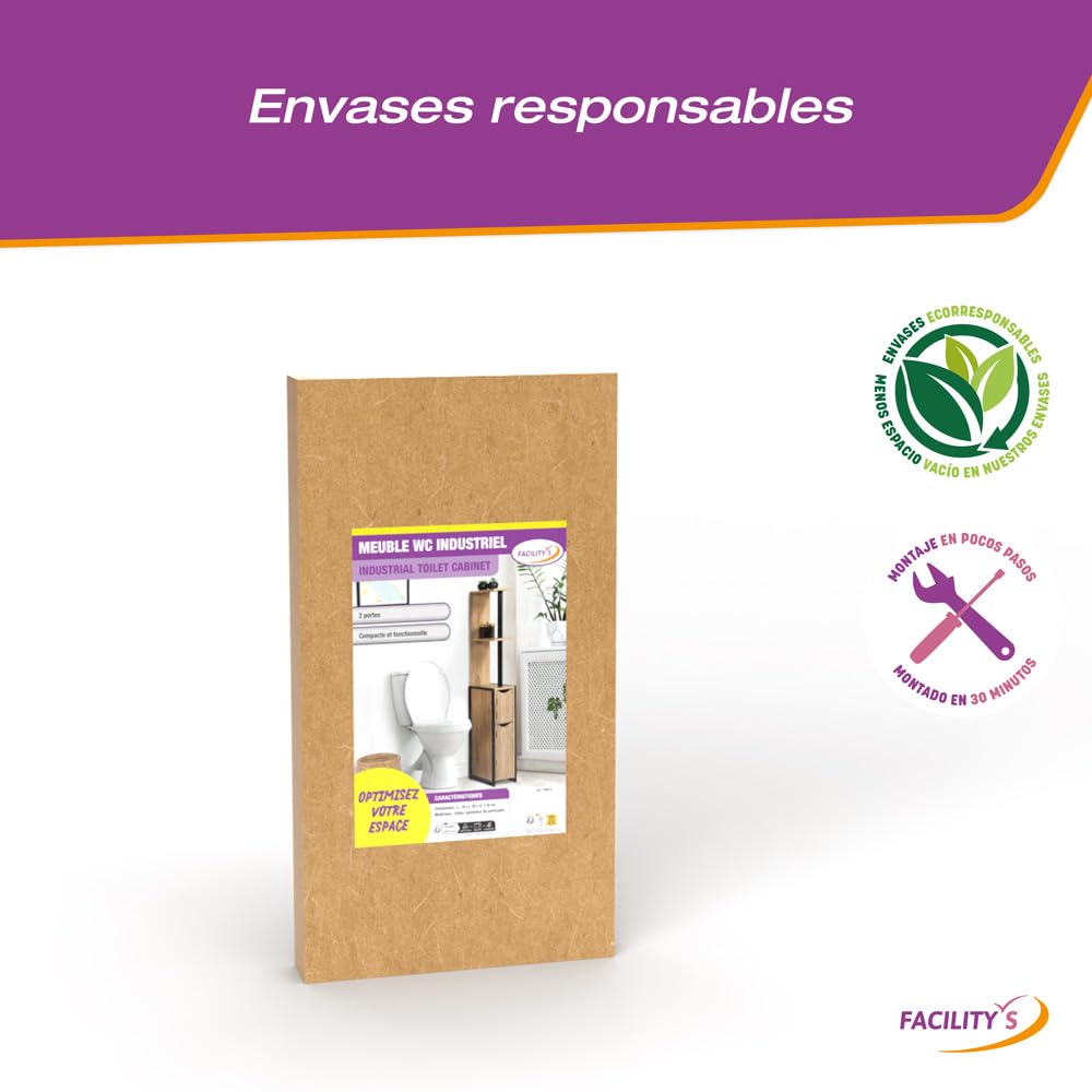 FACILITYS Mueble WC Efecto Madera y Metal Tipo Industrial, para Baño, Negro
