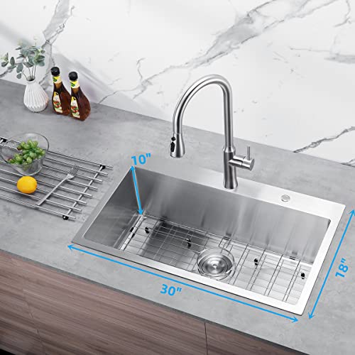 Melanstar Topmount Kitchen Sink Large Single Bowl Stainless Steel With Sink Strainer Waste Basket And Bottom Grid, 30" X 18" X 10" #TOP3
