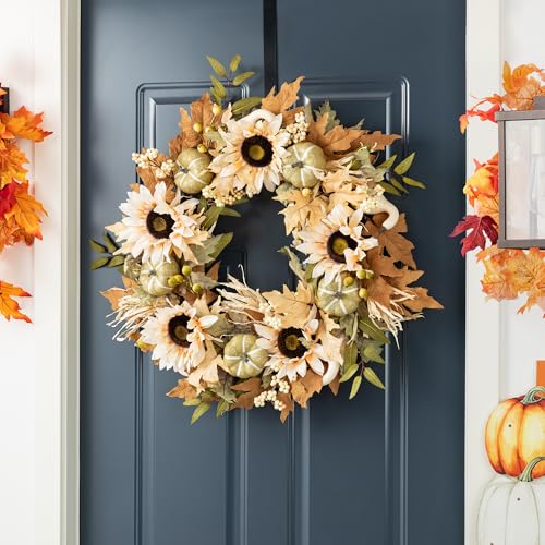 Glitzhome Neutral Fall Wreath with Free Hanger, 24 Inch Farmhouse Christmas Door Decor with Beige Sunflowers & Pumpkins, Rattan Thanksgiving Porch Wreath by Glitzhome - Used condition - US$57.95