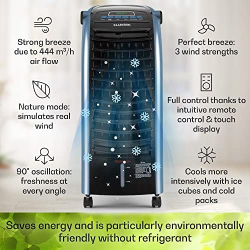 Klarstein 65W Portable Air Cooler, 4-In-1 Evaporative Air Coolers for Home, Silent with Night Mode, Humidifier, Ventilator, Small Water Cooler, 6 L Ice Fan Portable Cooler, 444m³/h Air Flow, Navy Blue