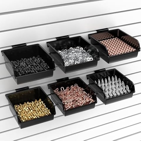 6 Pack Slatwall Bins with Hooks Plastic Slatwall Organizer Slatwall Containers Workbench Bins for Slat Wall Organizing Hardware, Garage, Craft Room, Tool Shed, Hobby Supplies (6, Black) Cover