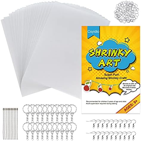 Csyidio 175 Pieces Shrink Plastic Sheet Kit Include 25 Pieces Shrink Plastic Sheets with 150 Pieces Metal Accessories for Kids Creative Craft and Making Earrings, Key Chains