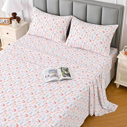 Image of Viviland Mushroom King Sheet Set - 4 Piece Vintage Butterfly Flower Patterned Bed Sheets - Soft, Breathable Microfiber Floral Sheets with Deep Pocket, Non-Slip Fitted Sheets & Pillowcases