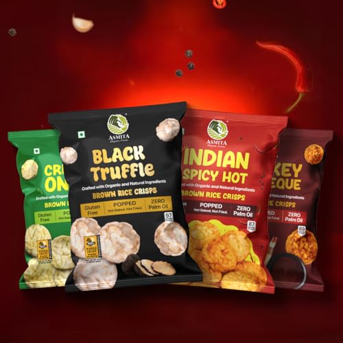 Image of Asmita Organic Farms Brown Rice Crisps (55g) | Not Fried, Not Baked | No Palm Oil, No Trans-Fat | Popped Healthy Chips | Crunchy Snack in 4 Exciting Flavours | 4 x 55g Combo Pack