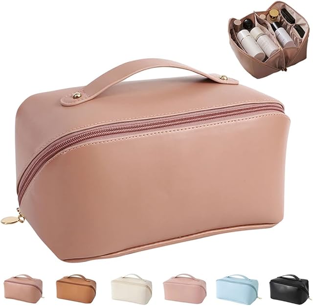 MINGRI Large Capacity Travel Cosmetic Bag for Women,Makeup Bag Travelling PU Leather Cosmetic Bag Waterproof,Multifunctional Storage Travel Toiletry Bag Skincare Bag (Soft pink)