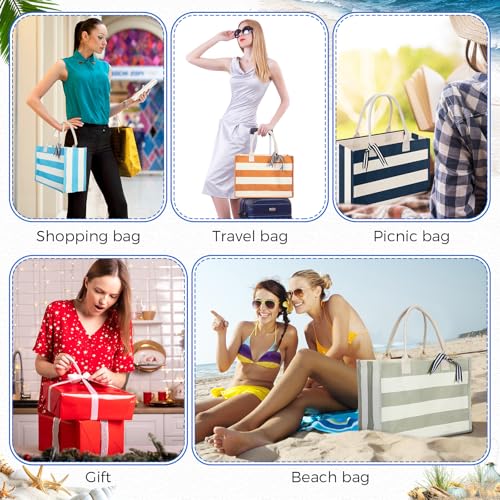10 Pcs Canvas Tote Bags Bulk for Women Canvas 17 x 12 x 8 Inch Waterproof Stripe Sandproof Large Beach Tote Bags with Handle for Wedding Bridesmaid Birthday Summer4