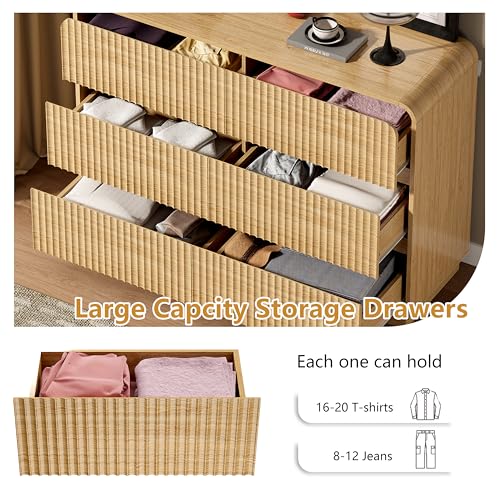 Image of Wodeer Oak Dresser Fluted 6 Drawers Dresser for Bedroom, 47 inch Wide Wood Chest of Drawers with Hidden Handles & Rounded Corners, Modern TV Stand Storage Cabinet for Living Room, Hallway, Entryway