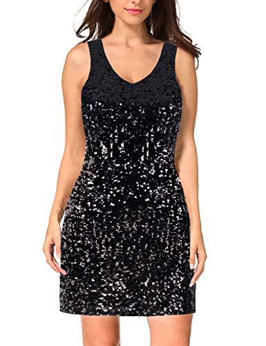 MANER Women's Sequin Dress Sparkly Glitter V-Neck Sleeveless Party Club